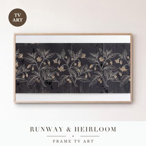 May include: A rectangular digital television display framed in light wood, showcasing a dark charcoal background with a repeating horizontal pattern of white and gold botanical line drawings featuring leaves, small berries, and bell-shaped flowers.