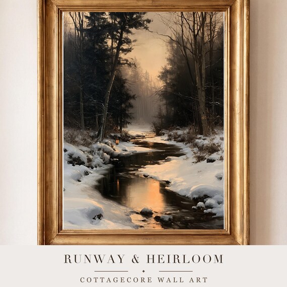 Frozen Woodland Stream Antique Oil Painting — view 4