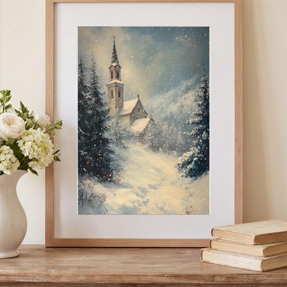 Church in a Blizzard Antique Oil Painting — view 2
