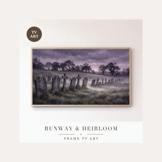 Leaning Gravestones Frame TV Art, Samsung Frame TV Art Romantic Gothic Cemetery Painting, Moody…