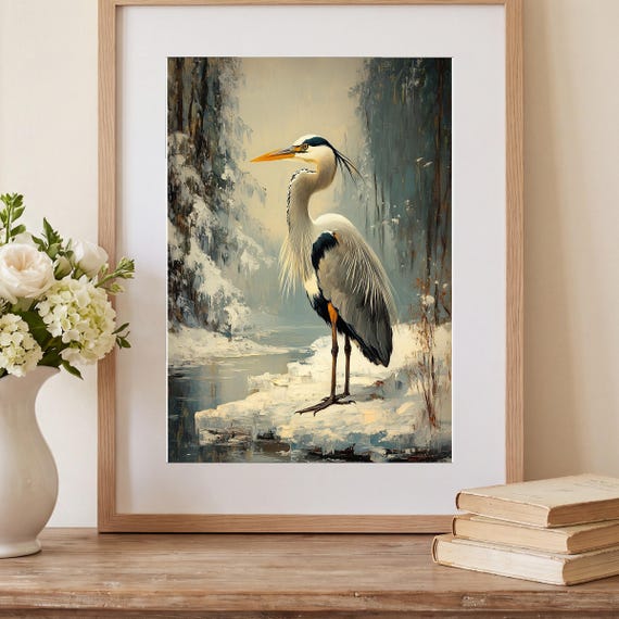 Grey Heron on Frozen Marsh Antique Oil Painting — view 2