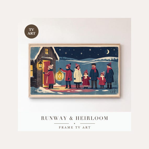 Carolers at the Door Frame TV Art, Samsung Frame TV Art Vintage Storybook Christmas, Lantern Ni…