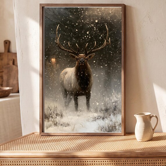 Bull Elk in Snow Antique Oil Painting — view 5