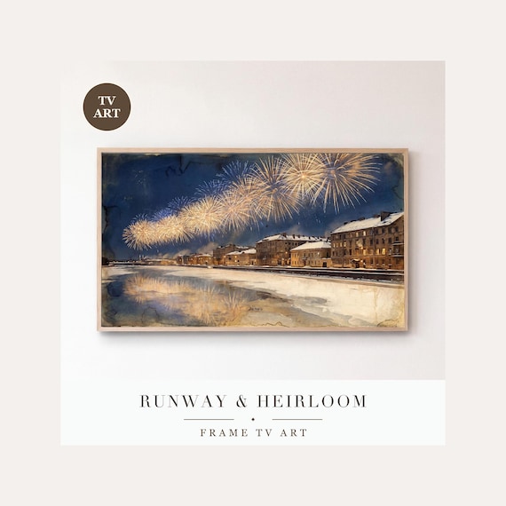 Fireworks on Ice Frame TV Art, Samsung Frame TV Art Snowy Skyline Nocturne, New Years Celebrati…