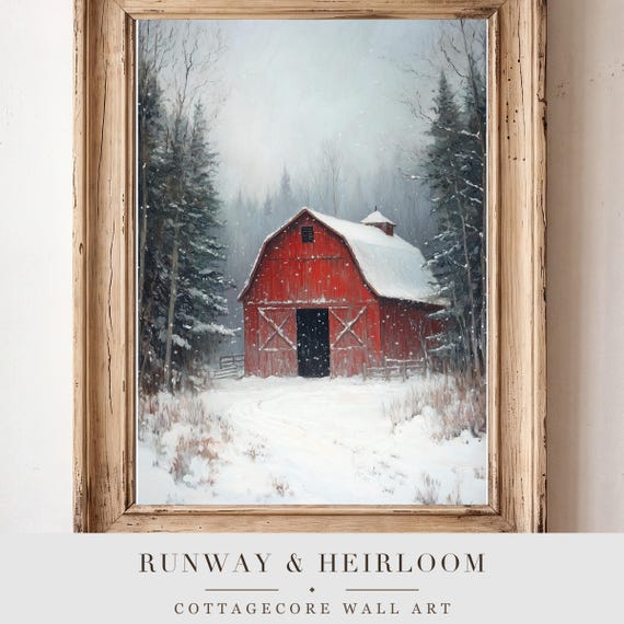 Red Barn in Snow Antique Oil Painting