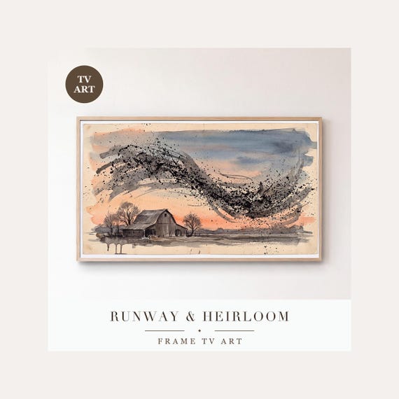 Murmuration Over Barn Frame TV Art, Samsung Frame TV Art Starling Flock Ink Wash, Moody Autumn …