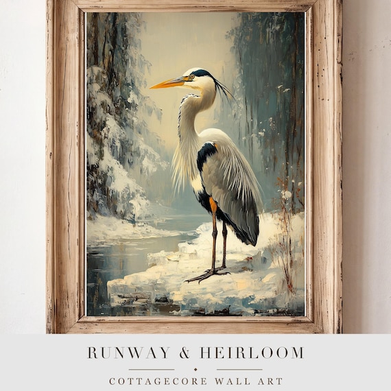 Grey Heron on Frozen Marsh Antique Oil Painting