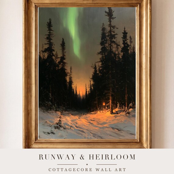 Northern Lights Over Pines Antique Oil Painting — view 4