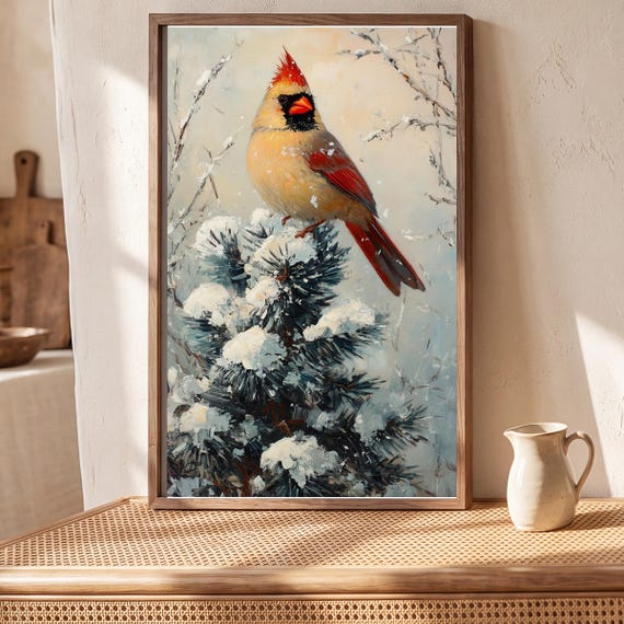 Cardinal on a Snowy Pine Antique Oil Painting — view 5