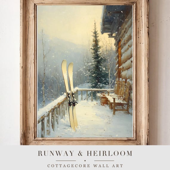Vintage Skis on a Porch Antique Oil Painting
