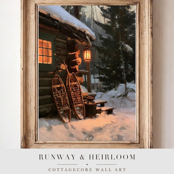 Snowshoes on a Cabin Antique Oil Painting