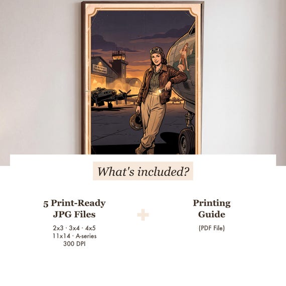 Night Flightline Pin Up Print Vintage Aviation Pinup Wall Art Retro WWII Poster Digital Download Aircraft Airplane Warbird History &mdash; view 3