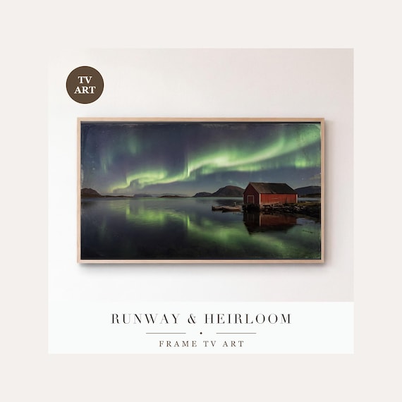 Aurora Boathouse Frame TV Art, Samsung Frame TV Art Northern Lights Fjord Painting, Nordic Wint…