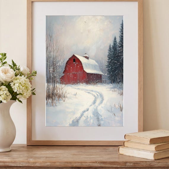Red Barn in a Whiteout Antique Oil Painting — view 2