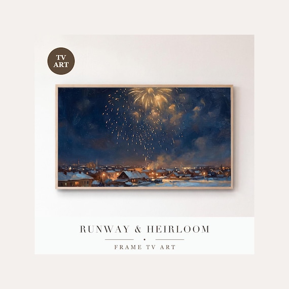 Last Embers Frame TV Art, Samsung Frame TV Art Snowy Skyline Nocturne, New Years Midnight Celeb…