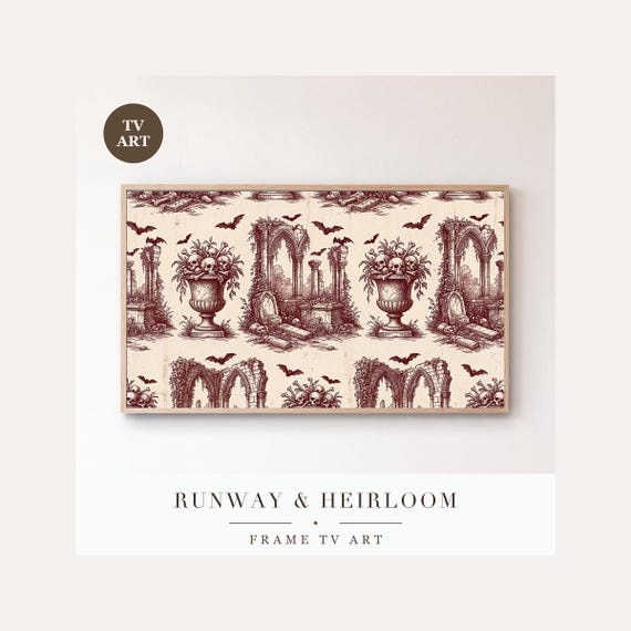 Gothic Toile Bats Frame TV Art, Samsung Frame TV Art Macabre Toile de Jouy Pattern, Oxblood Hal…