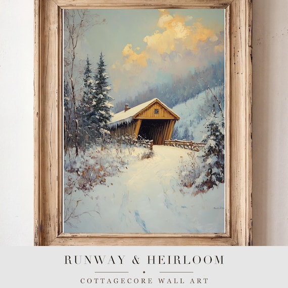 Covered Bridge in Winter Antique Oil Painting
