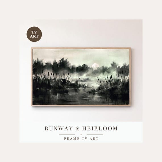 Moonlit Cattails Frame TV Art, Samsung Frame TV Art Tonalist Marsh Nocturne, Moody Halloween De…
