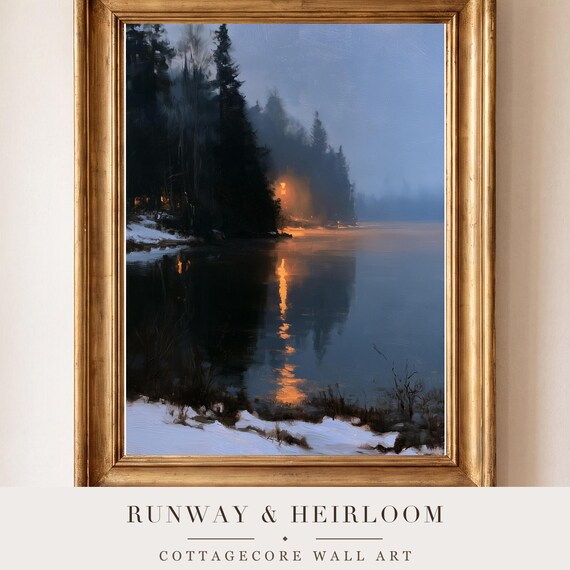 Frozen Lake at Blue Hour Antique Oil Painting — view 4