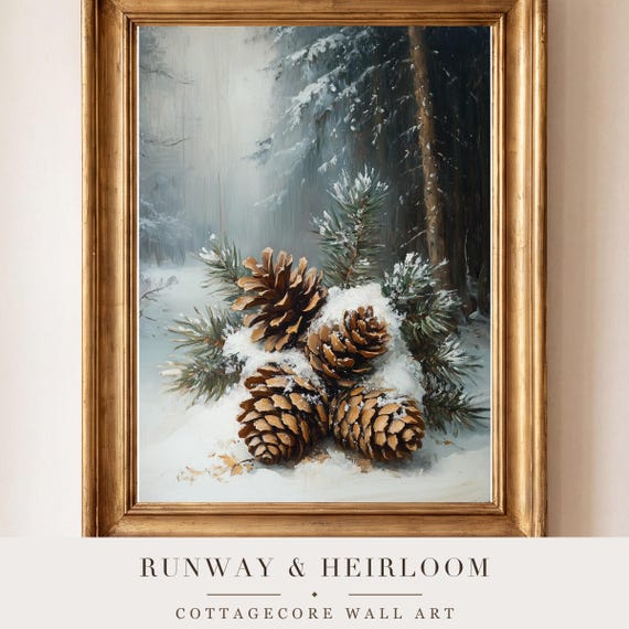 Pinecones in Snow Antique Oil Painting — view 4