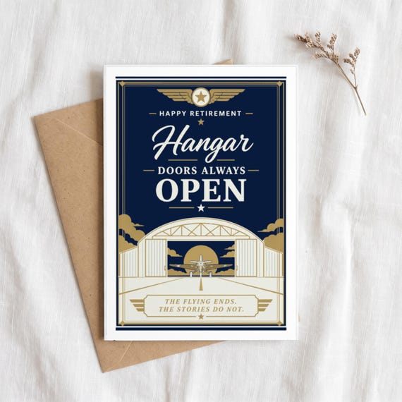 Hangar Doors Always Open Pilot Retirement Card Printable Happy Digital Download Aviation Captain Gift Flight Crew Party Keepsake Men &mdash; view 5