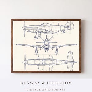 May include: A framed print featuring technical blue line drawings of a propeller airplane from three different perspectives: side, front, and top views. The artwork is displayed on a light cream background within a dark brown wooden frame.