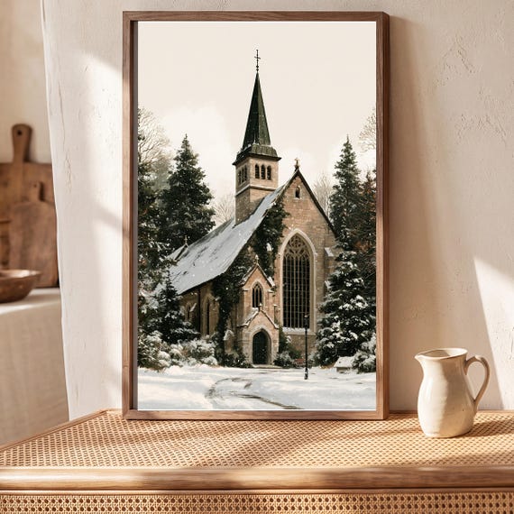 Snowy Village Chapel Watercolor Art Print — view 5