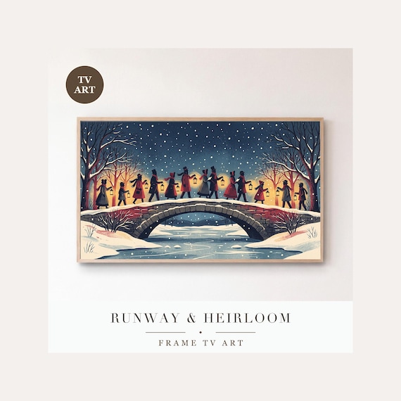 Carolers on the Bridge Frame TV Art, Samsung Frame TV Art Vintage Storybook Christmas, Lantern …
