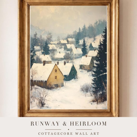 Snowy Village Rooftops Antique Oil Painting — view 4