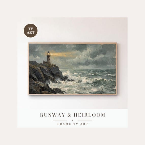 Stormy Lighthouse on a Cliff Frame TV Art, Samsung Frame TV Art Dramatic Marine Oil Painting, M…