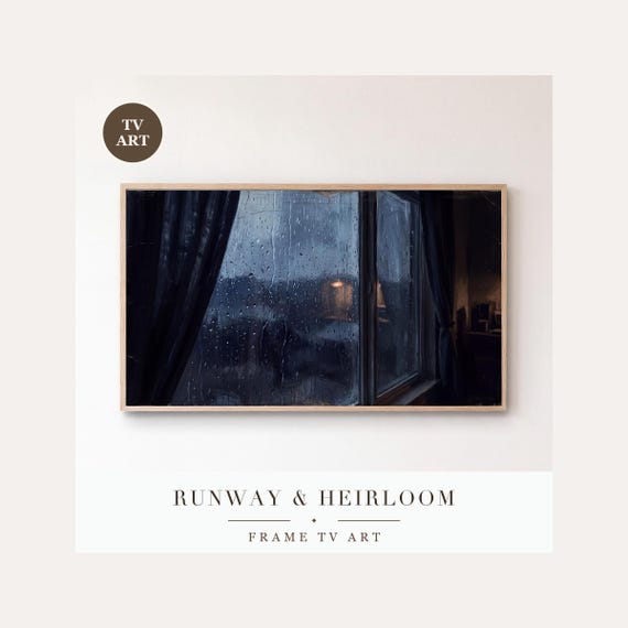 Curtain Edge Frame TV Art, Samsung Frame TV Art Moody Night Window Painting, Minimalist Dark De…