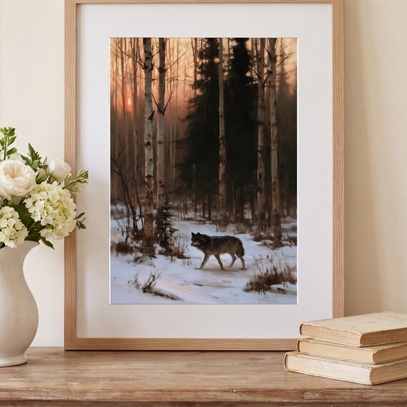 Wolf in a Birch Grove Antique Oil Painting — view 2
