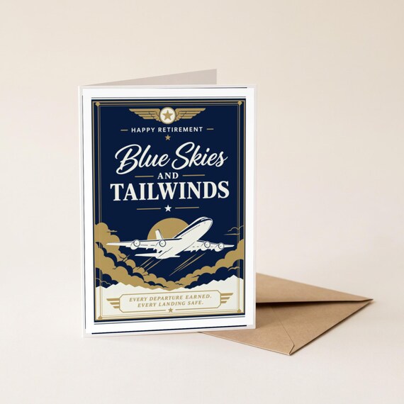 Blue Skies Tailwinds Pilot Retirement Card Printable Happy Farewell Digital Download Aviation Aviator Gift Flight Crew Party Keepsake Men &mdash; view 4