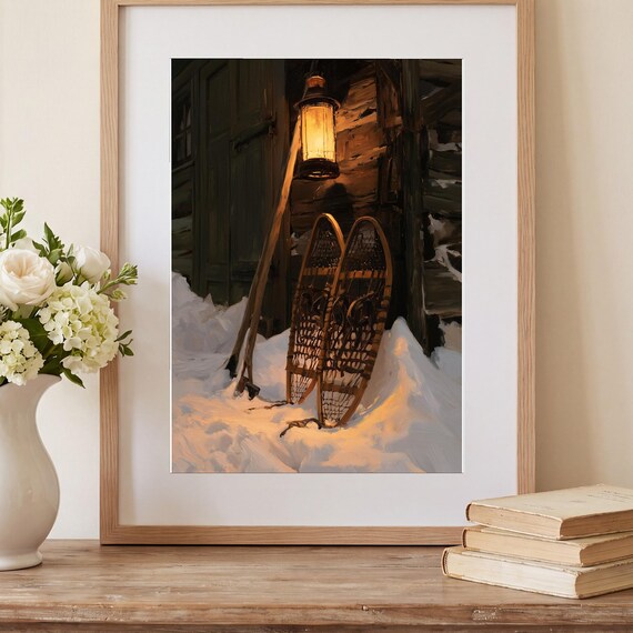 Vintage Snowshoes Antique Oil Painting — view 2