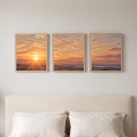 Contrail Sky Triptych Set of 3 Golden Hour Print Digital Download Aviation Airplane Decor Aircraft Modern Teen Bedroom Poster Pilot &mdash; view 2