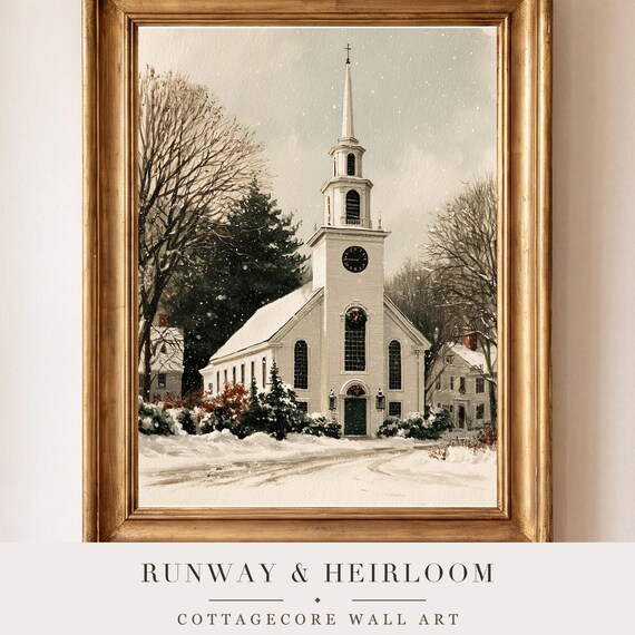 Snowy Country Church Watercolor Art Print — view 4