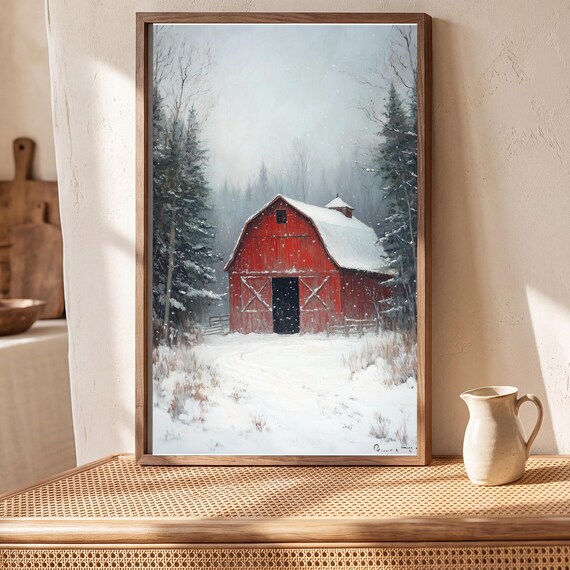 Red Barn in Snow Antique Oil Painting — view 5