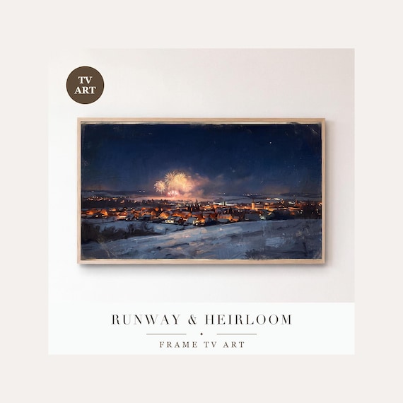 Town at Midnight Frame TV Art, Samsung Frame TV Art Fireworks Skyline Nocturne, New Years Celeb…