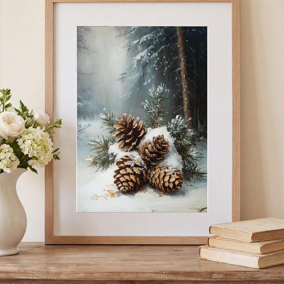 Pinecones in Snow Antique Oil Painting — view 2