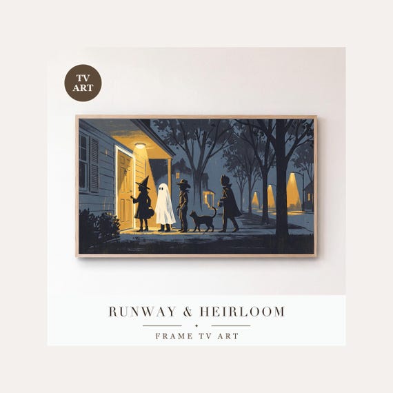 Halloween Front Door Frame TV Art, Samsung Frame TV Art Mid Century Silhouettes, Vintage Night …