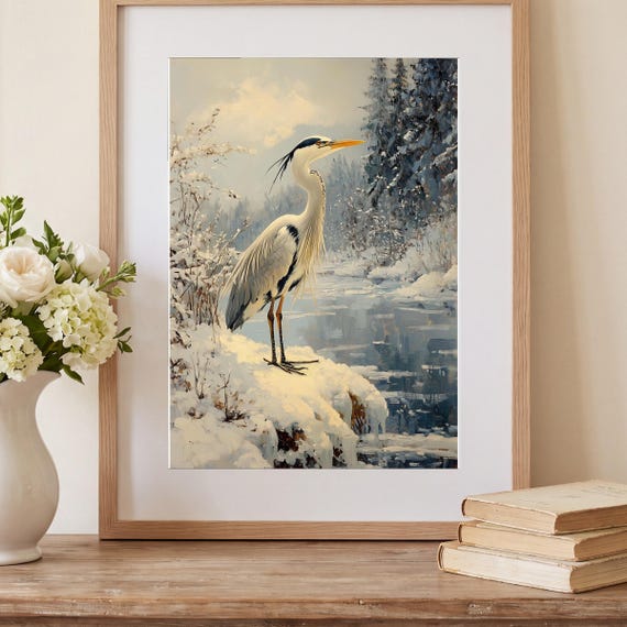 Heron on a Frozen Marsh Antique Oil Painting — view 2