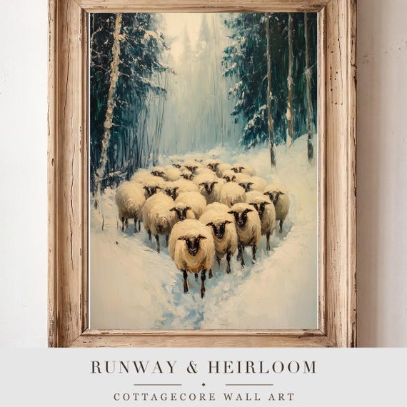 Sheep Huddled in Snow Antique Oil Painting