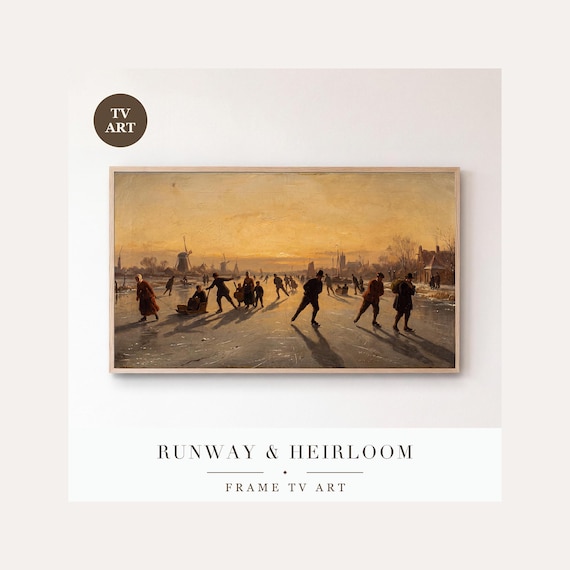 Skaters at Sunset Frame TV Art, Samsung Frame TV Art Dutch Winter Oil Painting, Vintage Skating…