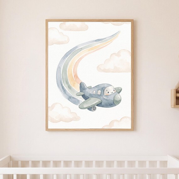 Rainbow Contrail Print Kids Room Airplane Art Nursery Digital Download Baby Decor Shower Gift Watercolor Toddler Playroom Child Soft — view 2