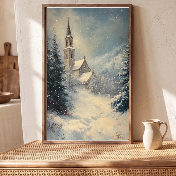Church in a Blizzard Antique Oil Painting — view 5