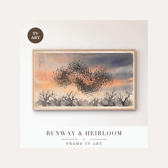 Starling Murmuration Frame TV Art, Samsung Frame TV Art Flock Ink Wash Painting, Moody Autumn S…