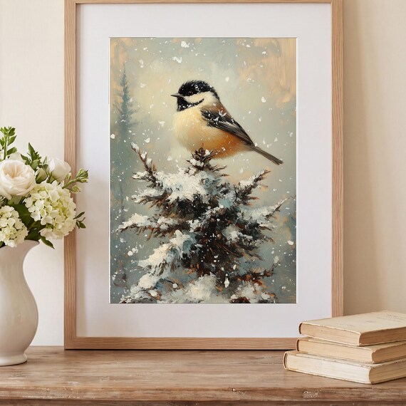 Chickadee in Frost Antique Oil Painting — view 2