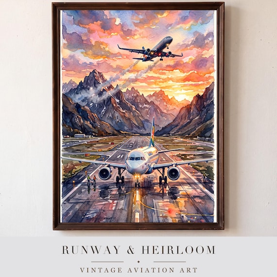 Airliner at Sunset Watercolor Print — aviation wall art print