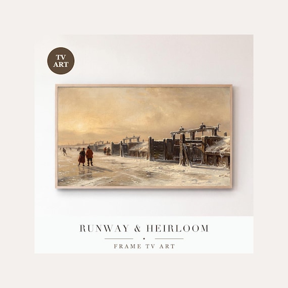 Frozen Lock Gates Frame TV Art, Samsung Frame TV Art Dutch Winter Oil Painting, Vintage Skating…