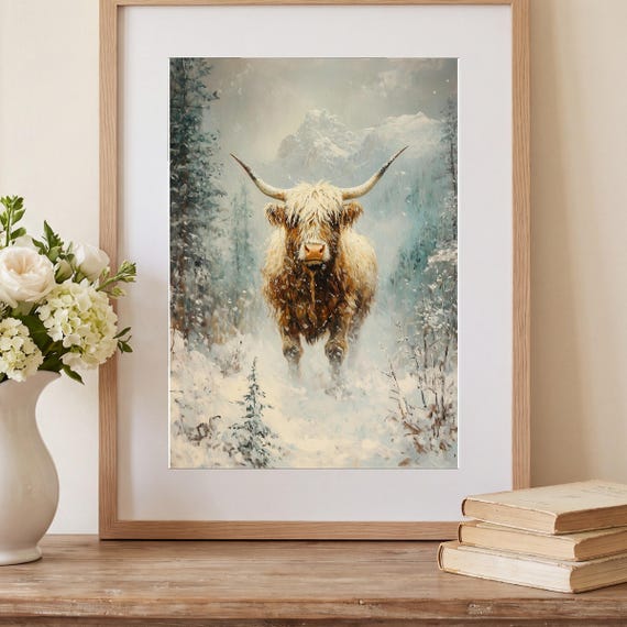 Highland Cow in Snow Antique Oil Painting — view 2